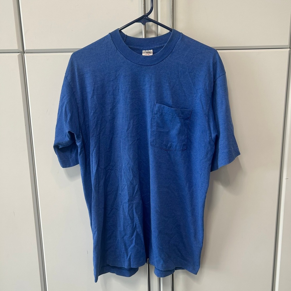 Vintage Fruit of the Loom Pocket T-Shirt Mens Large Blue Single Stitch 90s USA